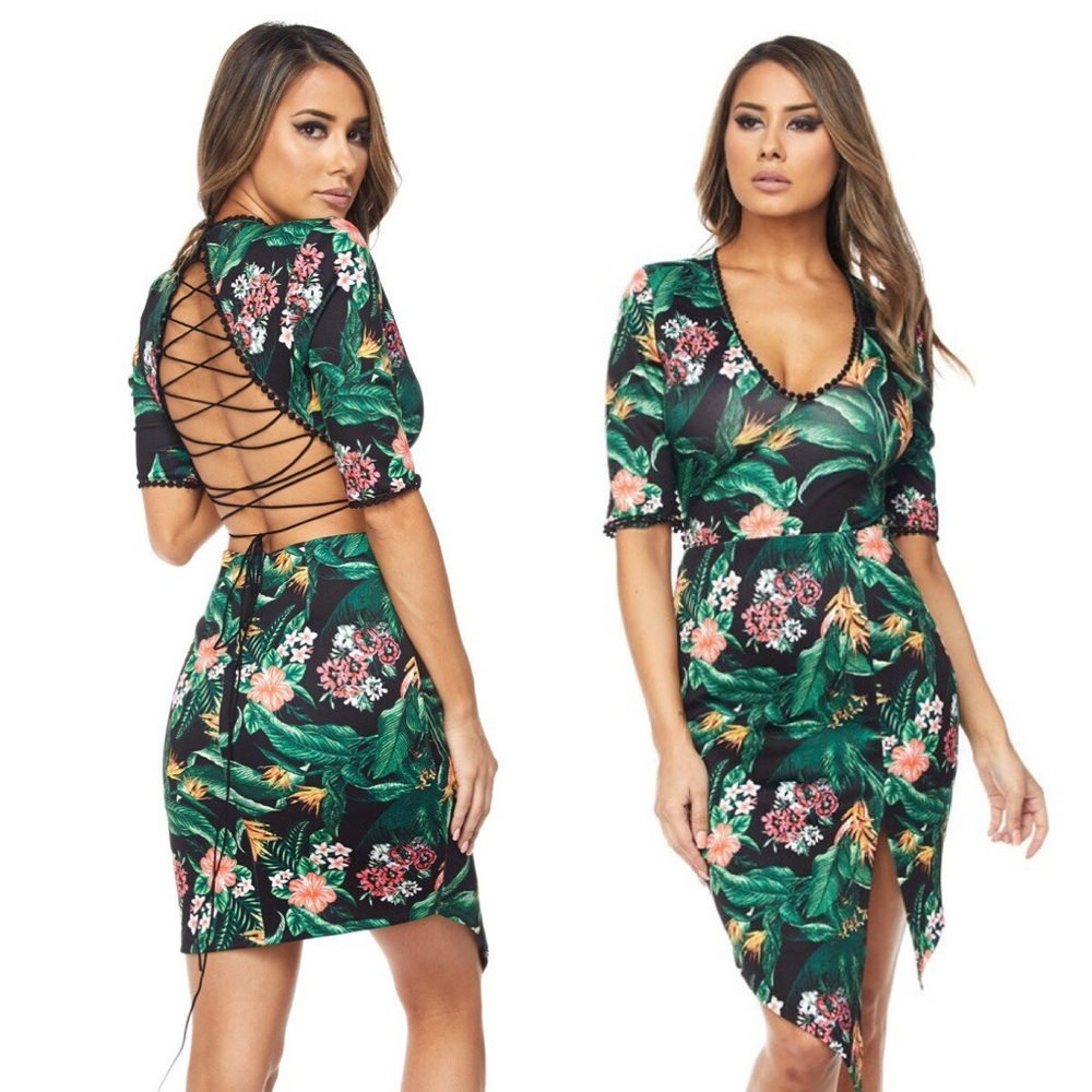 🌷 Classy Sexy Strappy Back Floral Scuba Material Bodycon Dress (B)